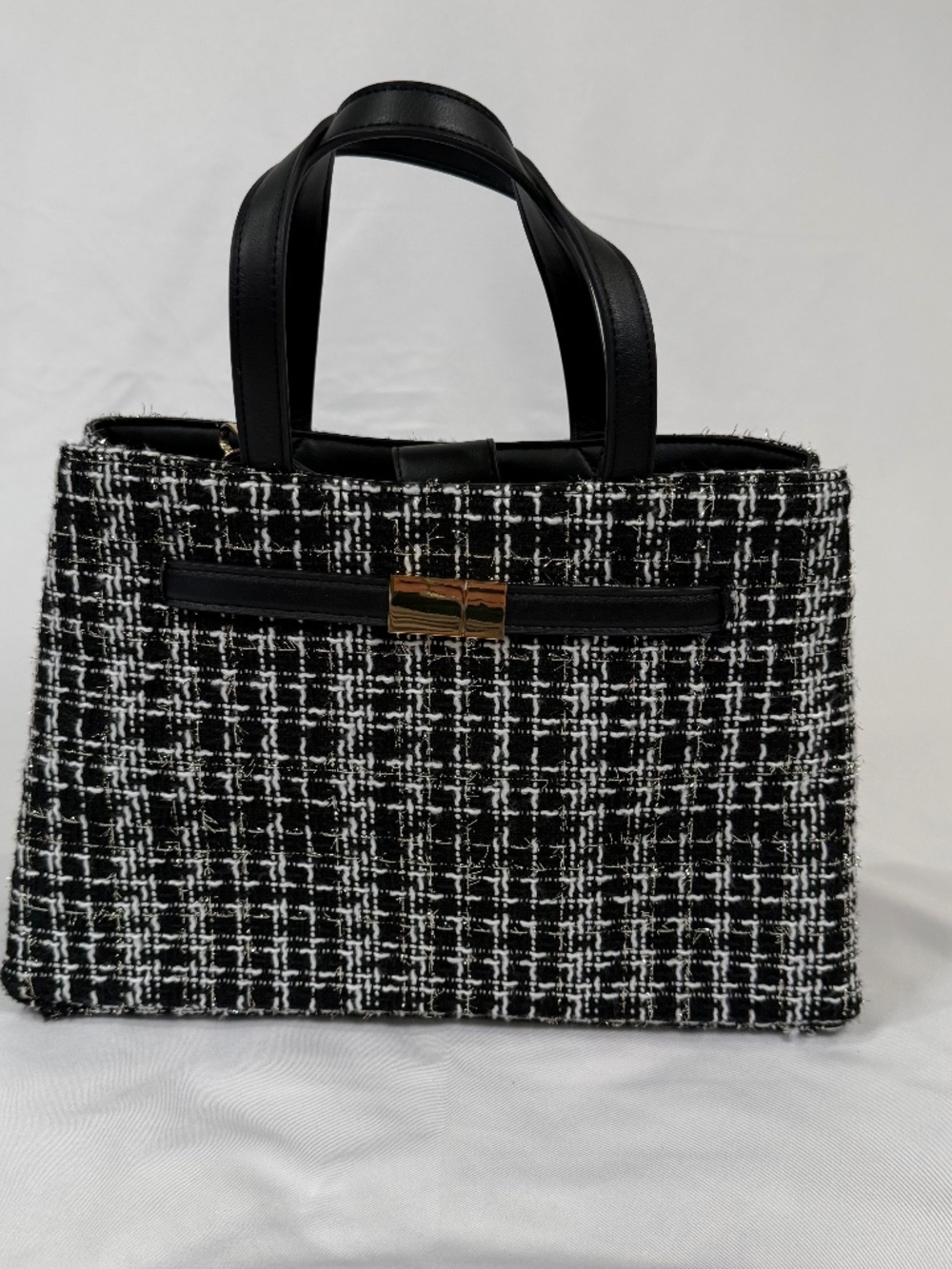 Black White Tweed Satchel Top Handle Bag Structured Crossbody  Classic Chic